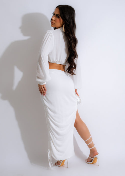 White ruched skirt set featuring a cropped top and high-waisted skirt