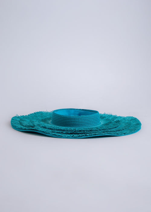  Side view of blue open straw hat with adjustable chin strap, ideal for outdoor activities and protecting the face from the sun