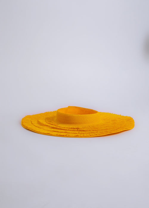  Bright yellow straw hat with an open weave design, a stylish accessory for outdoor summer events and casual outings
