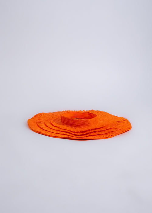 Close-up of Can't Hide Open Straw Hat Orange with orange ribbon