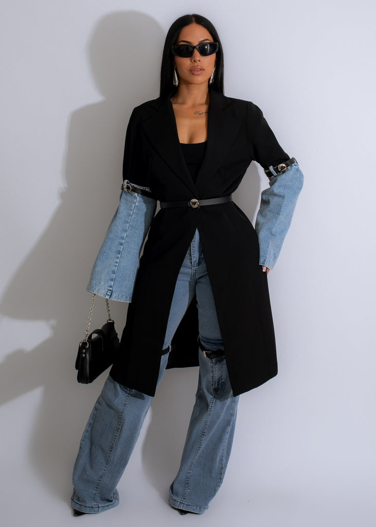Front view of the Wildest Dream Denim Cardigan Black, featuring distressed details and button-up closure 