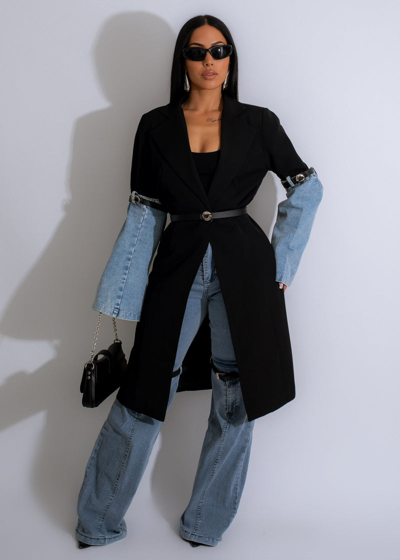 Front view of the Wildest Dream Denim Cardigan Black, featuring distressed details and button-up closure 