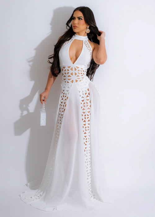 Chiffon maxi dress in white with intricate lace detailing on bodice and flowy skirt