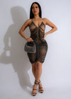 All Glam Rhinestones Mini Dress Black, featuring a plunging neckline and bodycon fit for a sleek and stunning look