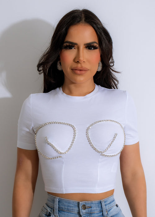 Stunning white rhinestone-embellished crop top for an unforgettable look
