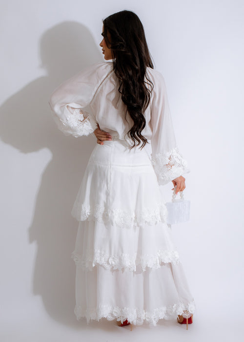  
Two-piece Casual Lover Lace Skirt Set White, featuring a flirty lace skirt and a matching crop top