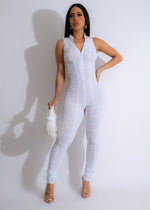 Beautiful white Love Waterfall Mesh Ruched Jumpsuit with elegant ruched detailing and trendy mesh fabric 