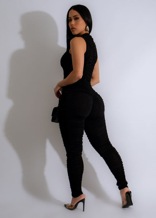 Beautiful and elegant black mesh ruched jumpsuit with a waterfall design