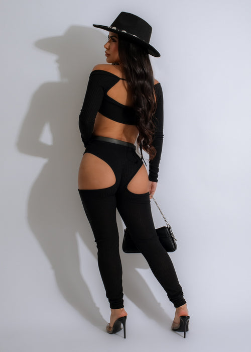 Versatile Oh So Fancy Ribbed Legging Set Black, designed with a flattering high-waisted fit and a cozy ribbed texture, complete with a matching crop top, ideal for a fashionable and comfortable ensemble