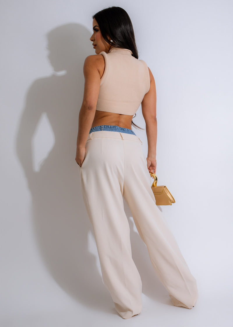  A side view of the Invite Me Denim Pants Nude, showcasing the flattering fit and versatile color