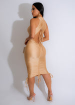 Surprise Ruched Midi Dress Nude in soft, neutral color with flattering ruching detail and midi length for a stylish, elegant look