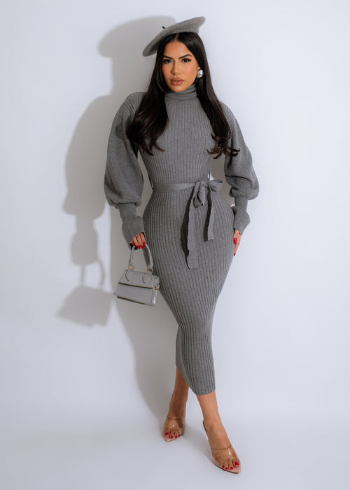 Close-up of grey ribbed sweater midi dress with long sleeves and round neckline, perfect for a casual yet stylish look