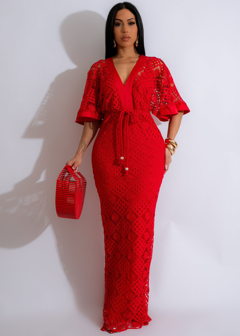 Crazy In Love Crochet Maxi Dress in Red with intricate crochet details and plunging neckline, perfect for a romantic summer evening

