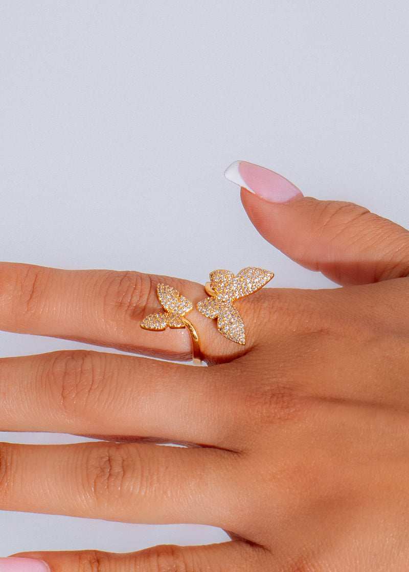 I Feel Butterflies Ring Gold, a stunning and delicate piece of jewelry designed with intricate butterfly details in a beautiful gold finish