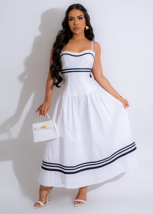All In Love Midi Dress White - Front view with floral lace detail and flowing skirt 