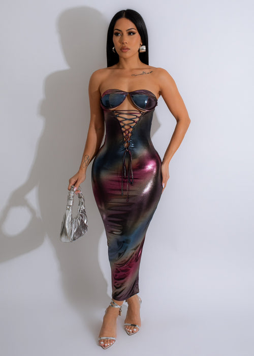 Alt text: Gorgeous and shimmering metallic midi dress in a flattering silhouette
