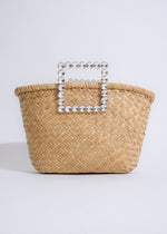 Stylish nude handbag with gold chain and floral embroidery