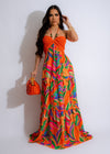 Vibrant orange crochet maxi dress with beautiful floral patterns and halter neckline
