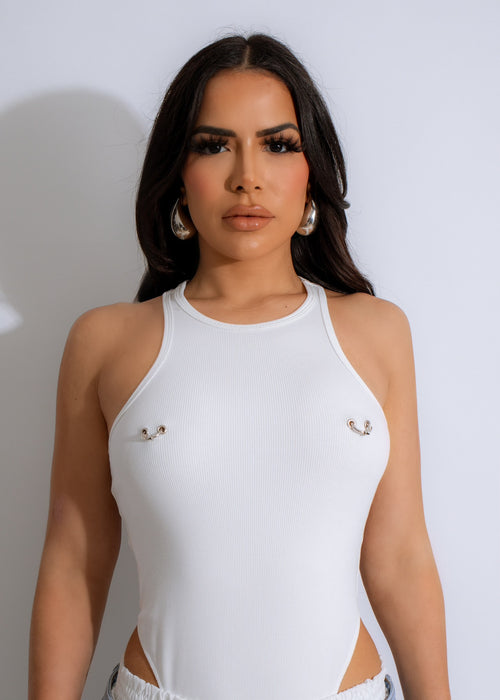 Stunning White Ribbed Bodysuit with Sexy Cutouts and Adjustable Straps