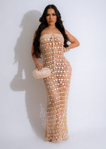 Vacay Essential Crochet Sequin Maxi Dress Nude on beach with flowing fabric and sparkling sequins 
