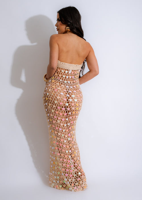  Elegant nude maxi dress with crochet detailing and shimmering sequins