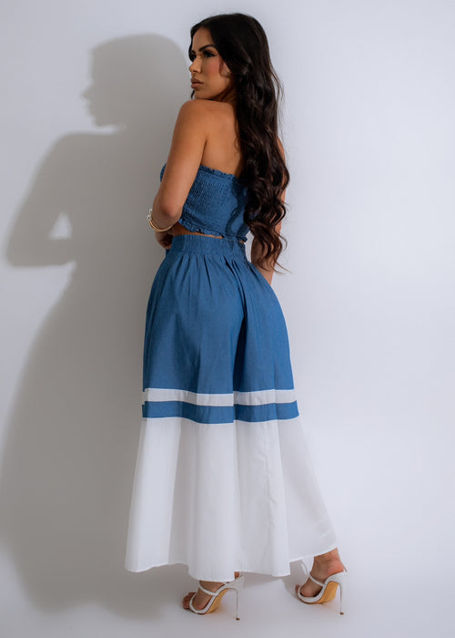 Sweet Life Skirt Set Blue, a fashionable and comfortable two-piece outfit for casual or special occasions, featuring a stylish skirt and matching top in a stunning shade of blue
