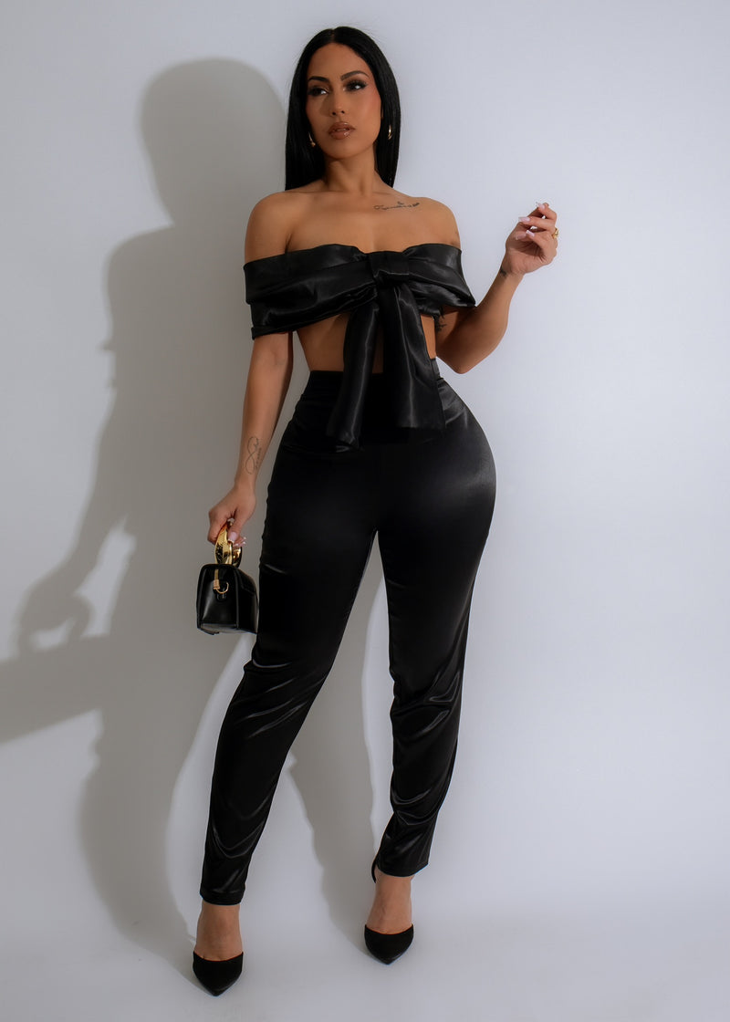 Black silk pant set with a luxurious feel, perfect for ruling the world in style