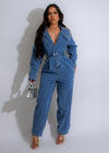 A stunning denim jumpsuit covered in sparkling rhinestones for a glamorous look