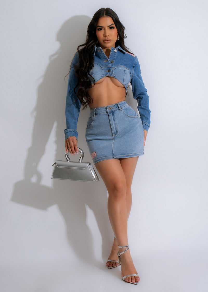 Dark blue denim skirt set with button-up front and matching belt