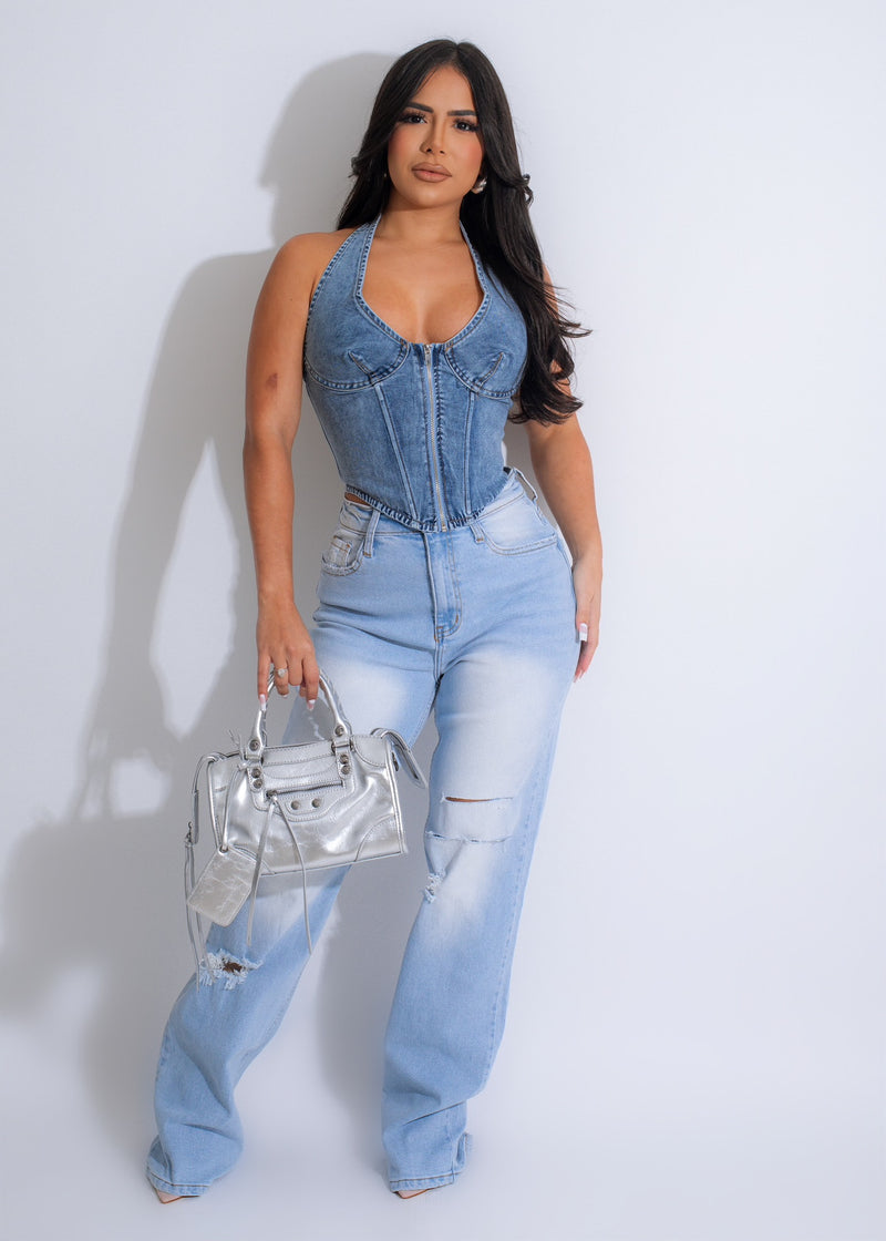 I Choose You Denim Bustier Top in light blue, featuring a sweetheart neckline and lace-up back detail