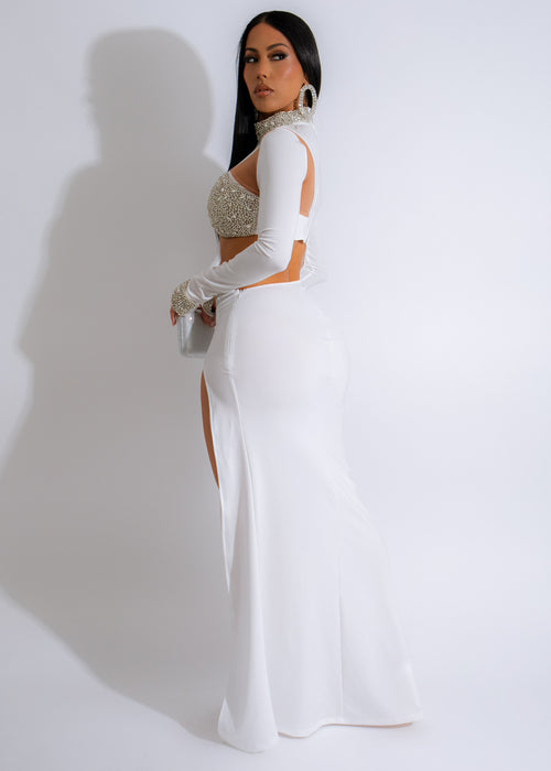 Evening Glamour Rhinestones Maxi Dress White