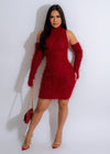 Stunning red fur mini dress set with matching accessories for a glamorous look