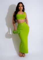 All Your Love Bandage Skirt Set Green - Front view of the green bandage skirt set with matching top and accessories 