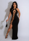 Maxi black dress with elegant lace details and flowing silhouette