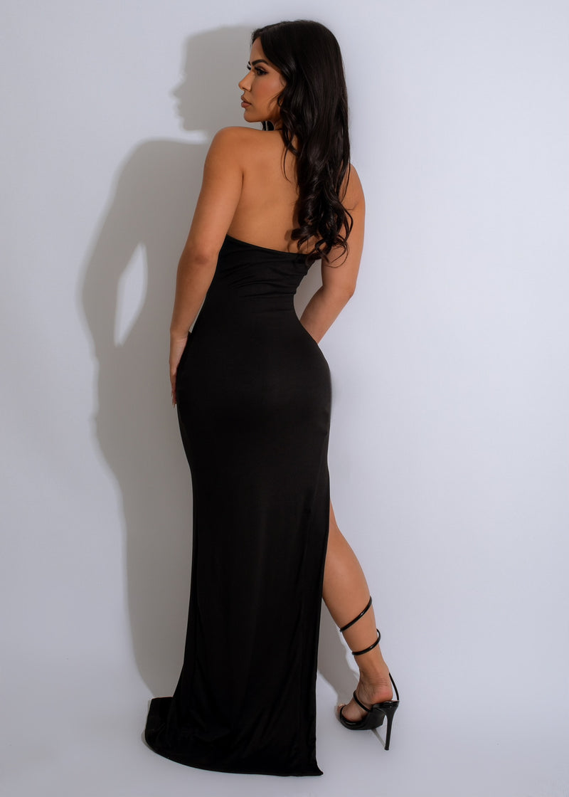 Gorgeous black maxi dress with intricate lace bodice and flattering fit