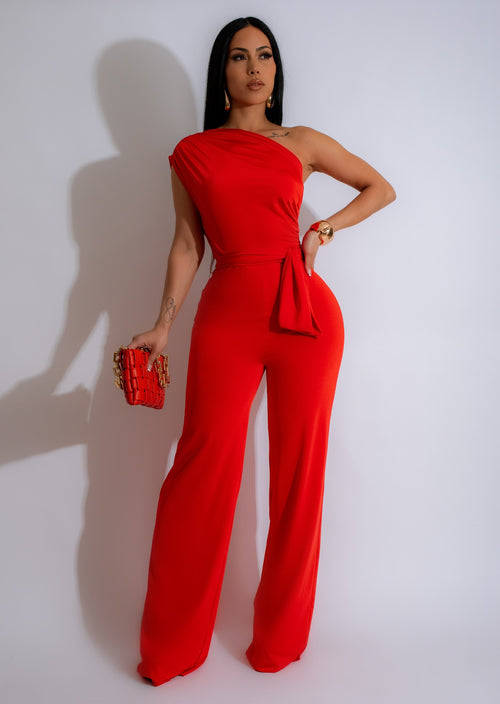She's Amazing Ruched Jumpsuit Orange with V-neck and tie waist detail, perfect for summer parties and events
