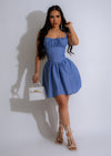 Stylish Modest Spring Mini Dress Blue with Floral Pattern and Ruffle Detailing