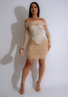 Beautiful nude mesh satin mini dress set with elegant details and design