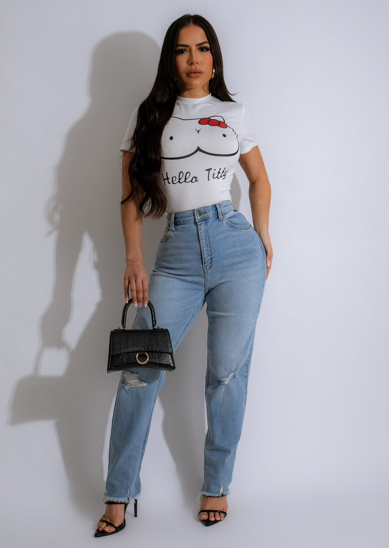 White crop top featuring a playful 'Hello Titty' graphic design