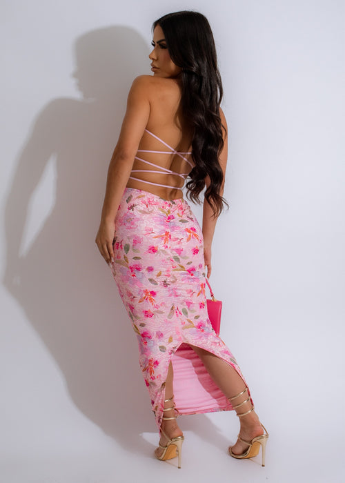 Beautiful pink mesh ruched midi dress with a romantic floral pattern