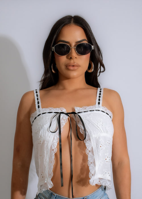 Beautifully crafted Burning Love Lace Crop Top White with scalloped hem
