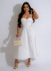 Sweet Petal Linen Midi Dress White - Front View, V-neckline, and Flowy Skirt