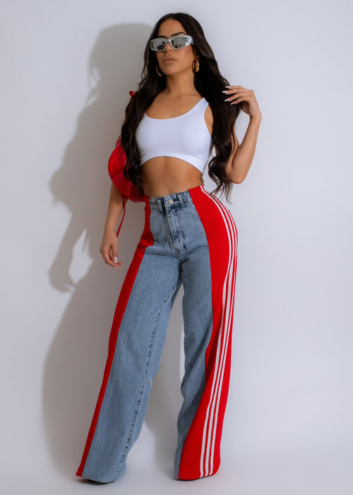 High-quality red Perfect Vibes jeans with a flattering fit and trendsetting style