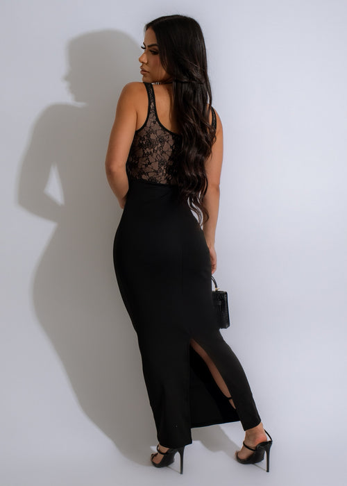 Elegant and feminine black midi dress with lace detailing and sweetheart neckline