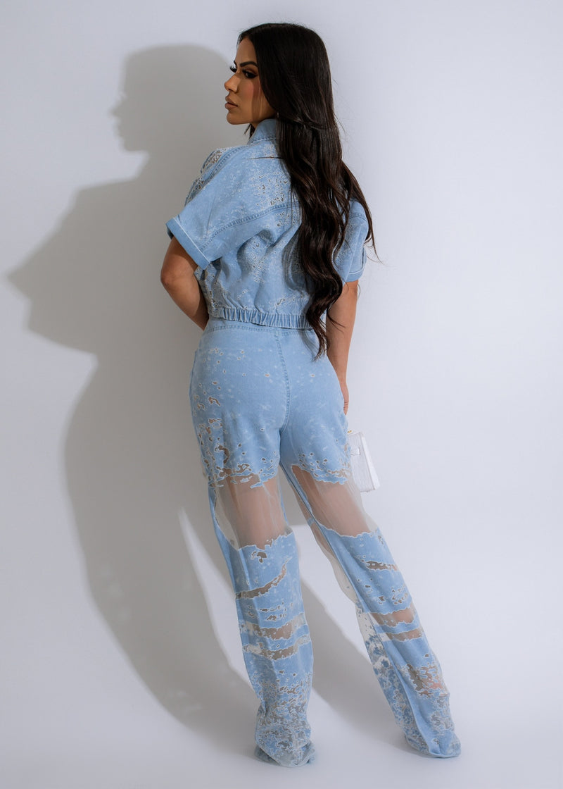 Two-piece  Unmatched Mesh Pant Set Light Denim with breathable mesh fabric
