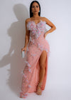 Baroque Beauty Mesh Rhinestones Maxi Dress Pink with intricate floral embellishments