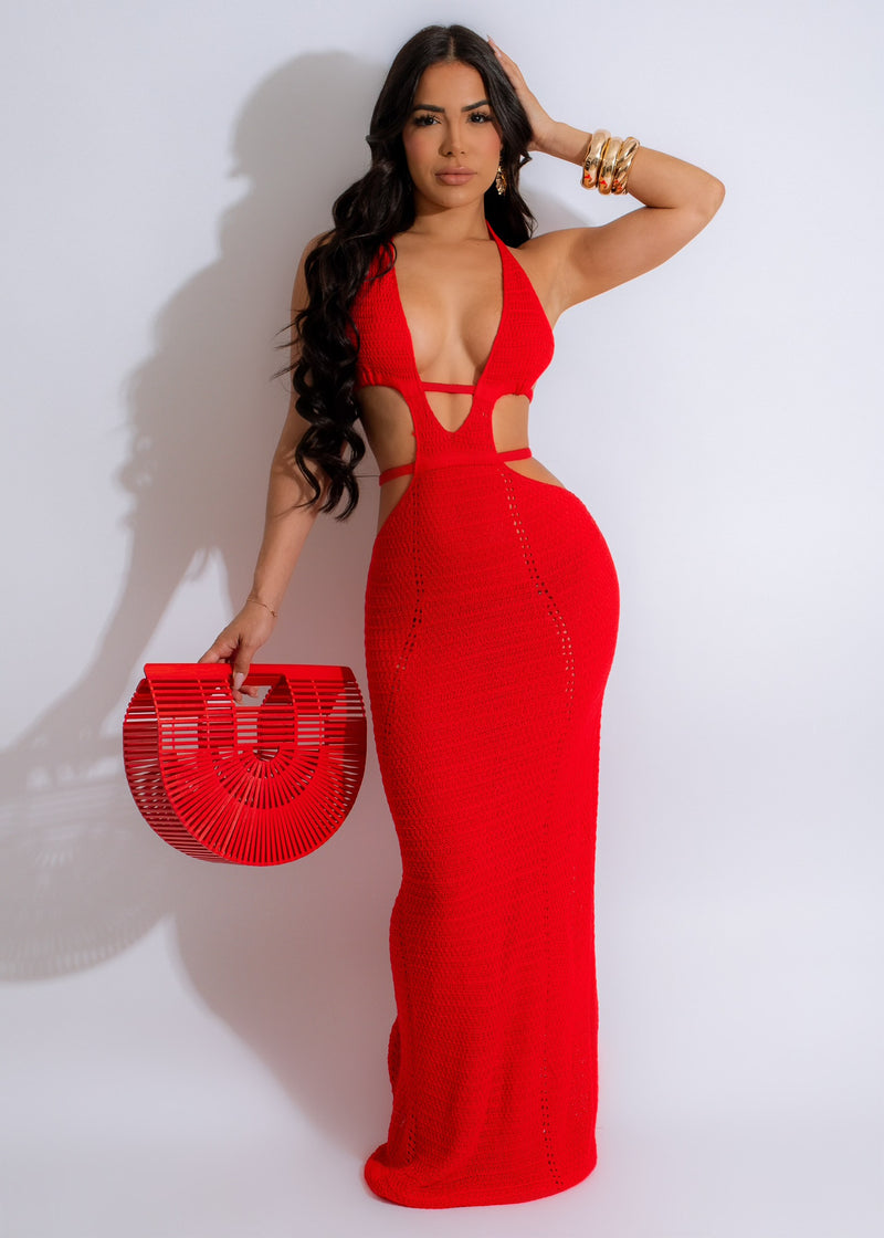 Girl Talk Crochet Maxi Dress Red
