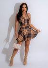 Alt text: Stylish brown plaid skirt set with matching top, perfect for fall fashion