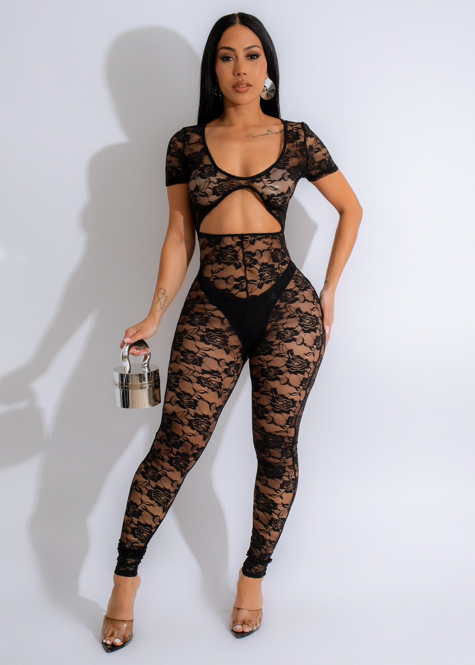 Black sheer lace jumpsuit discount