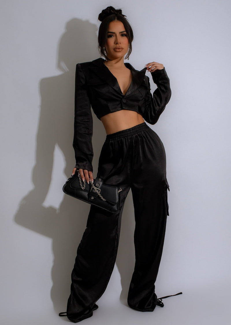 Stylish and comfortable black silk cargo pant set by Obsession